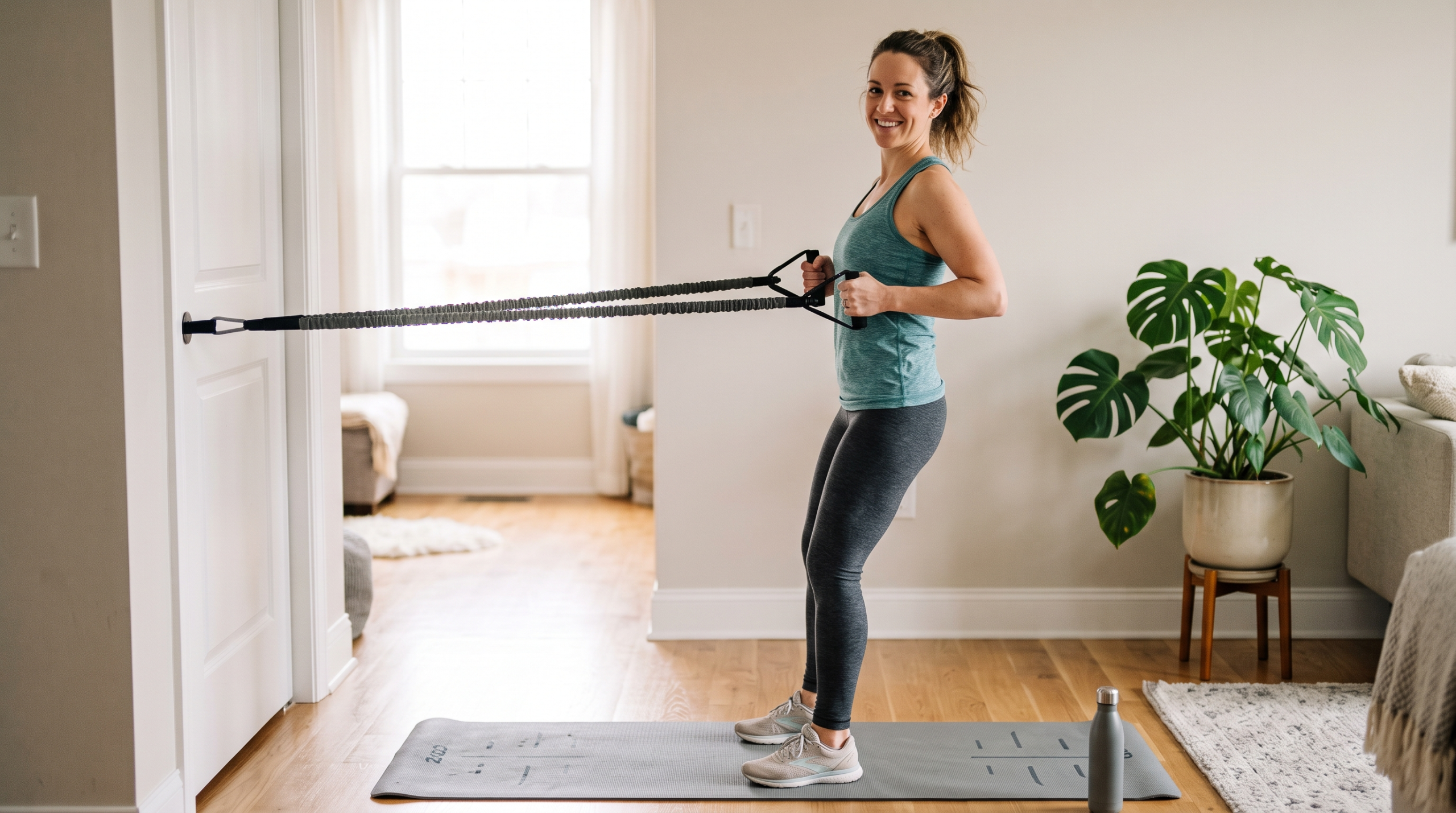 A beginner performing a standing row with a tube resistance band with handles in a bright living room