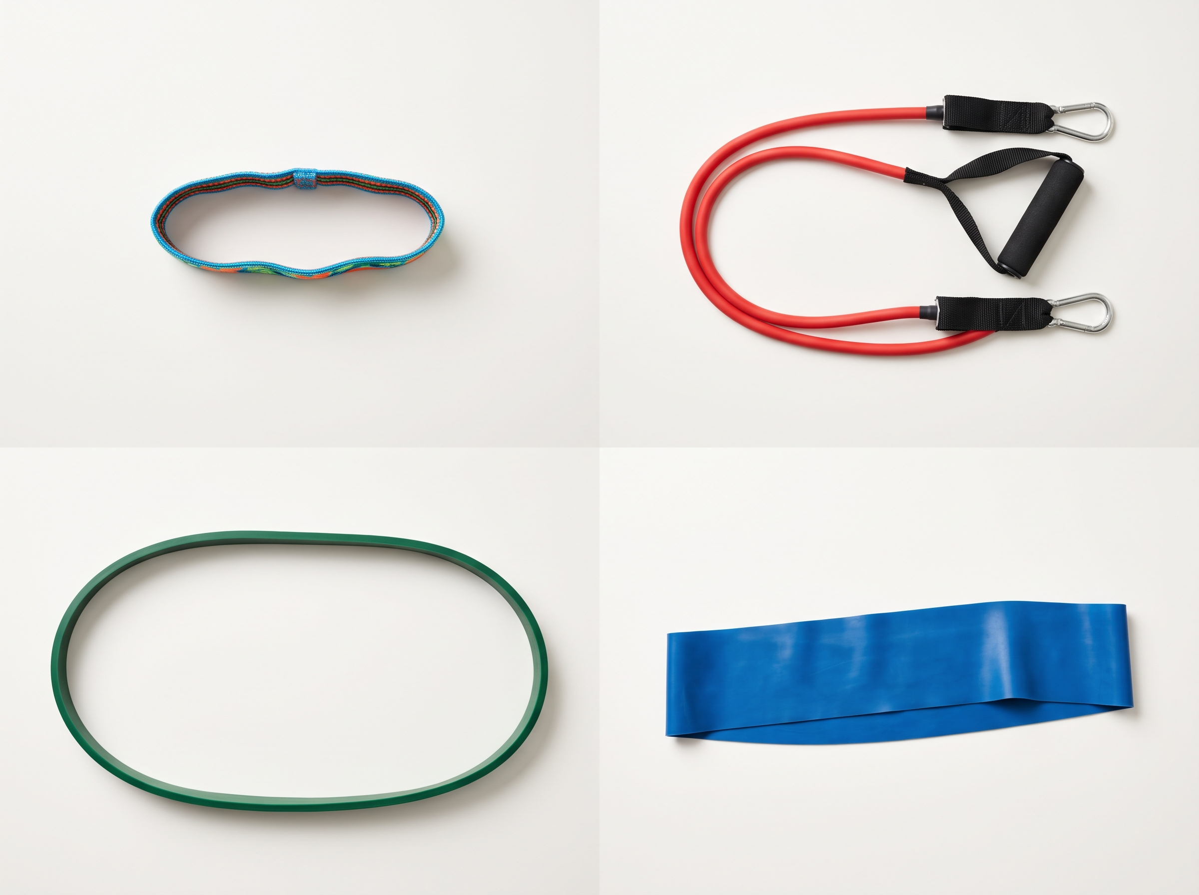 The four main resistance band types shown separately: a mini loop band, a tube band with handles, a long loop band and a flat open-ended band