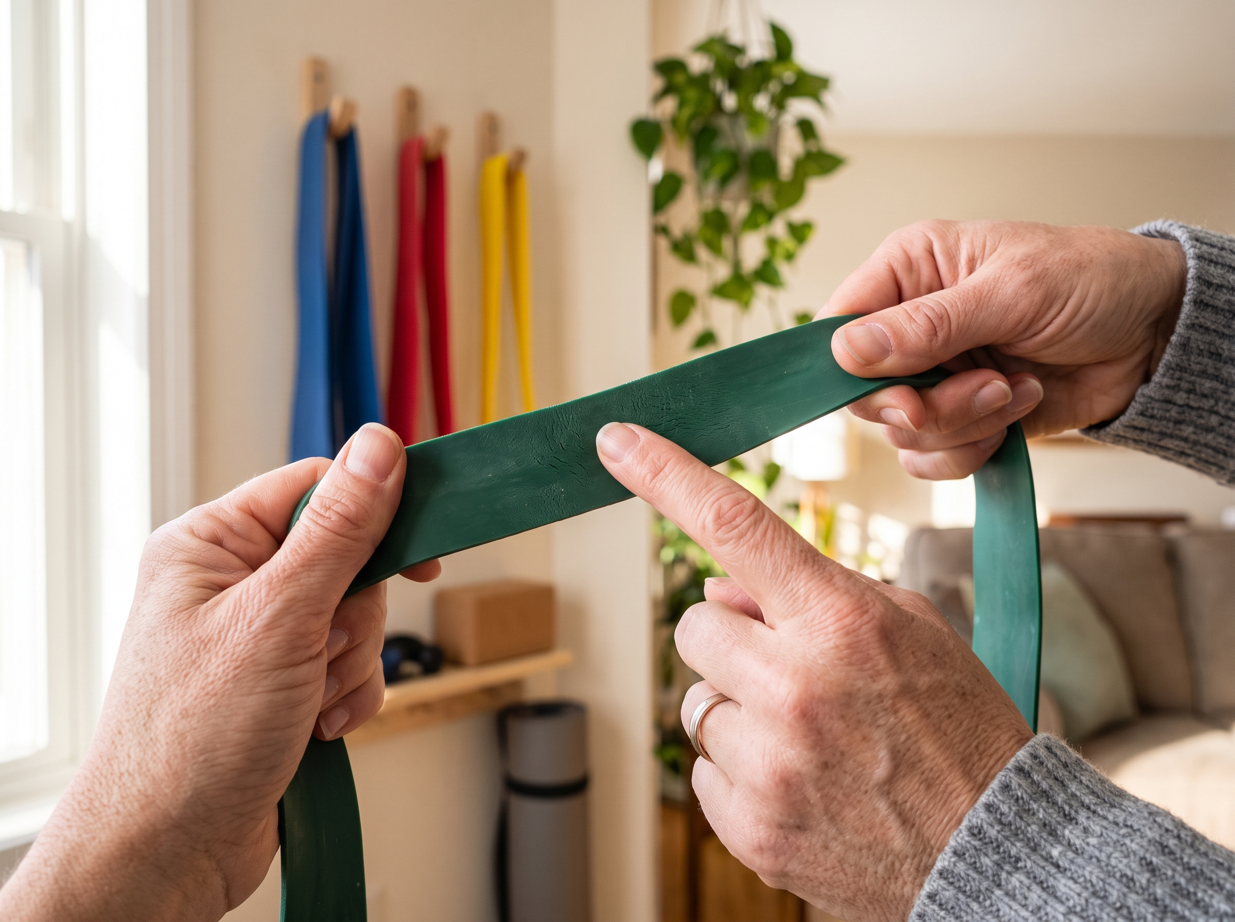 A person inspecting a resistance band for cracks and wear, with other bands neatly stored on wall hooks in the background