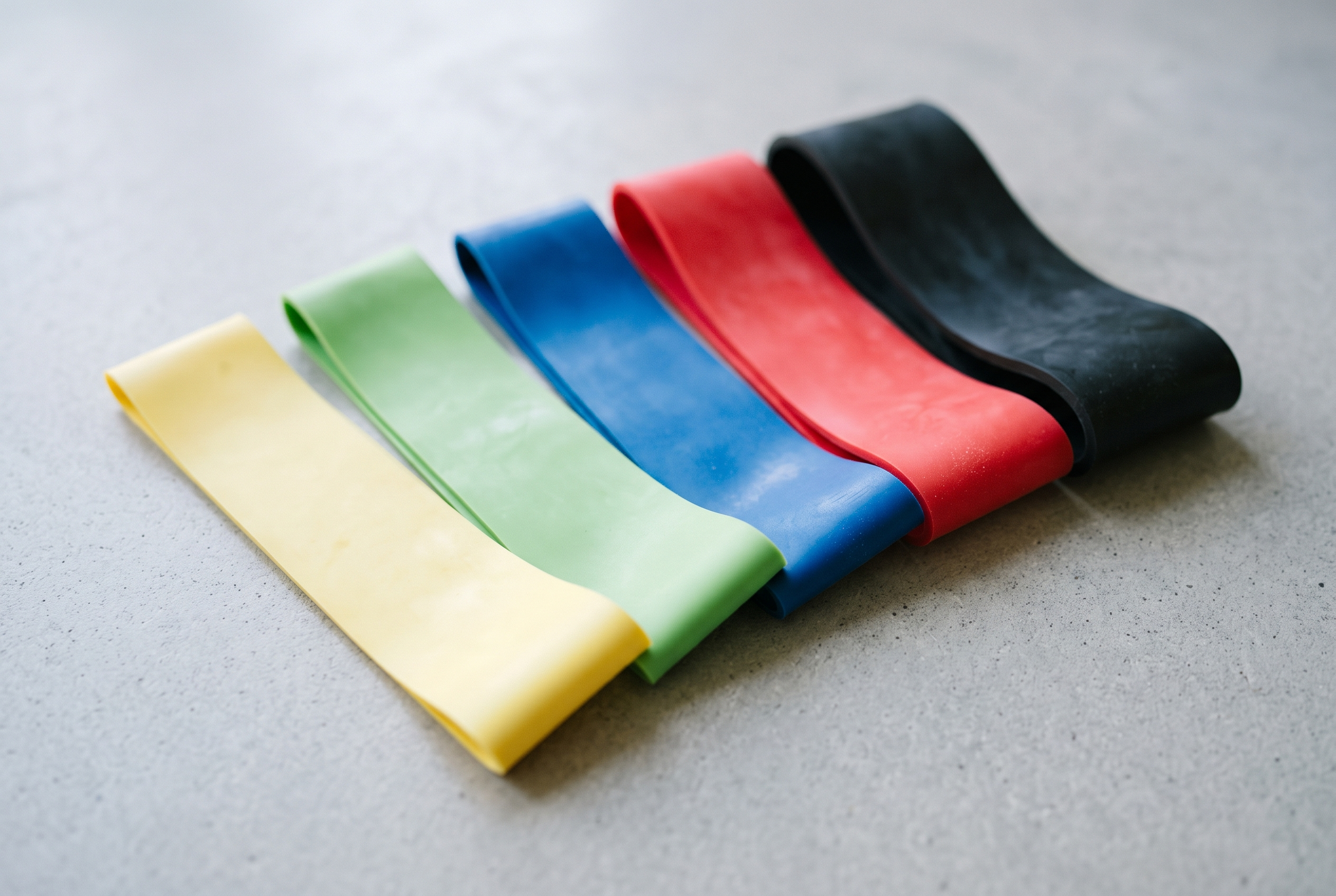 Flat resistance bands fanned out in a colour gradient from light to heavy resistance