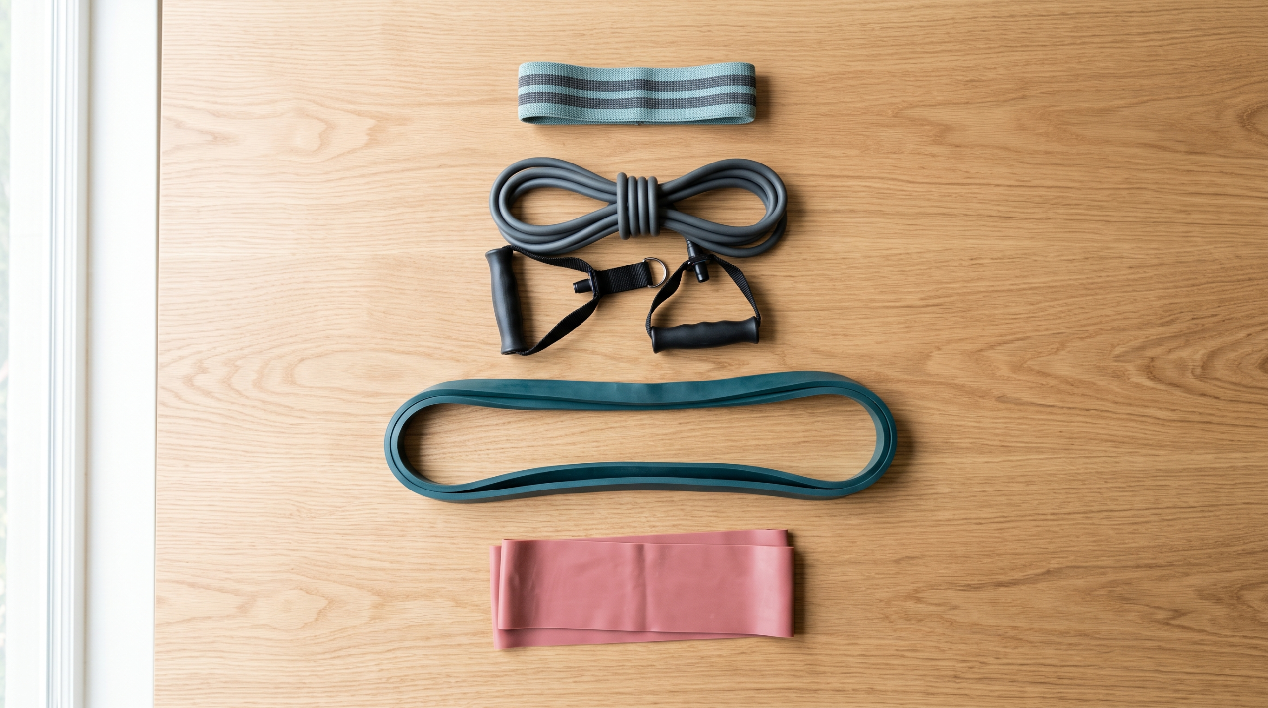 Four types of resistance bands — a mini loop band, a tube band with handles, a long loop band and a flat open-ended band — laid out on a wooden surface